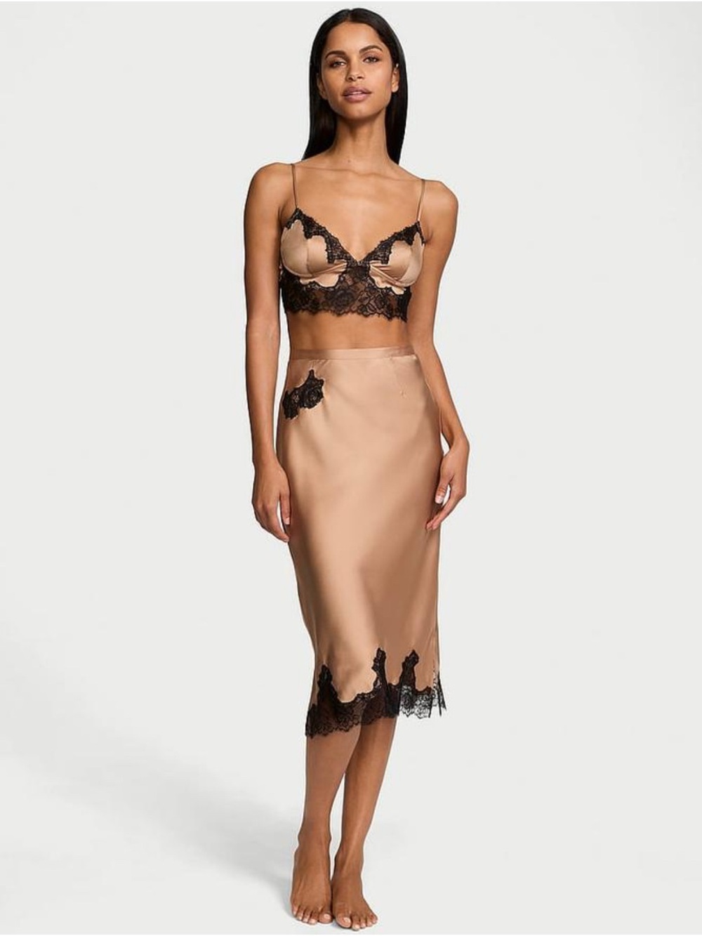 Victoria's Women's Secret Satin Rose Lace-Trim Bralette & Midi Skirt Set xl new